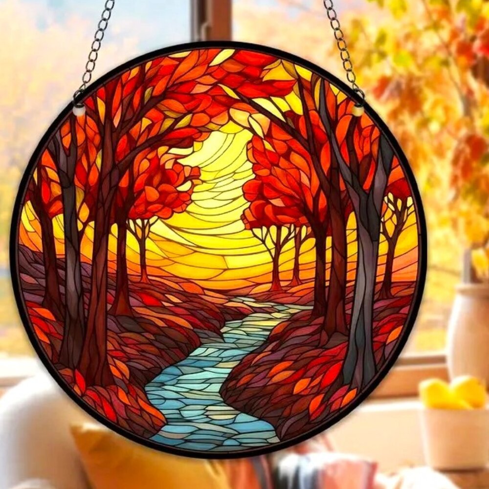 Suncatcher Fall Tree Path Leaves River Wall Window Hanging Colorful In/Outdoor